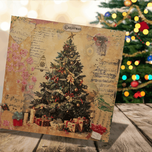 Vintage Christmas Tree Canvas, 12x12 Mixed Media Art