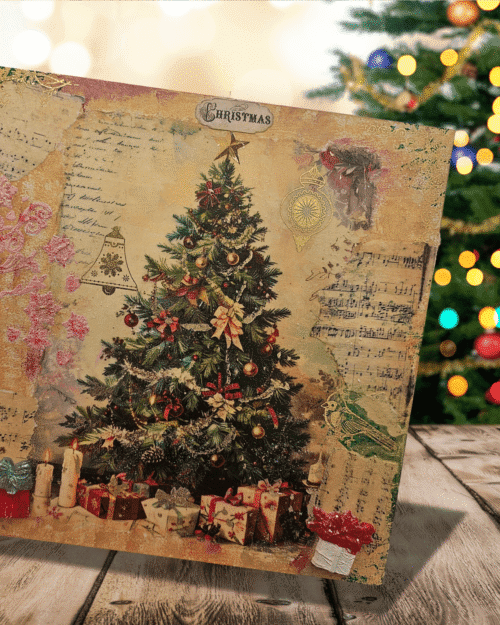 Vintage Christmas Tree Canvas, 12x12 Mixed Media Art