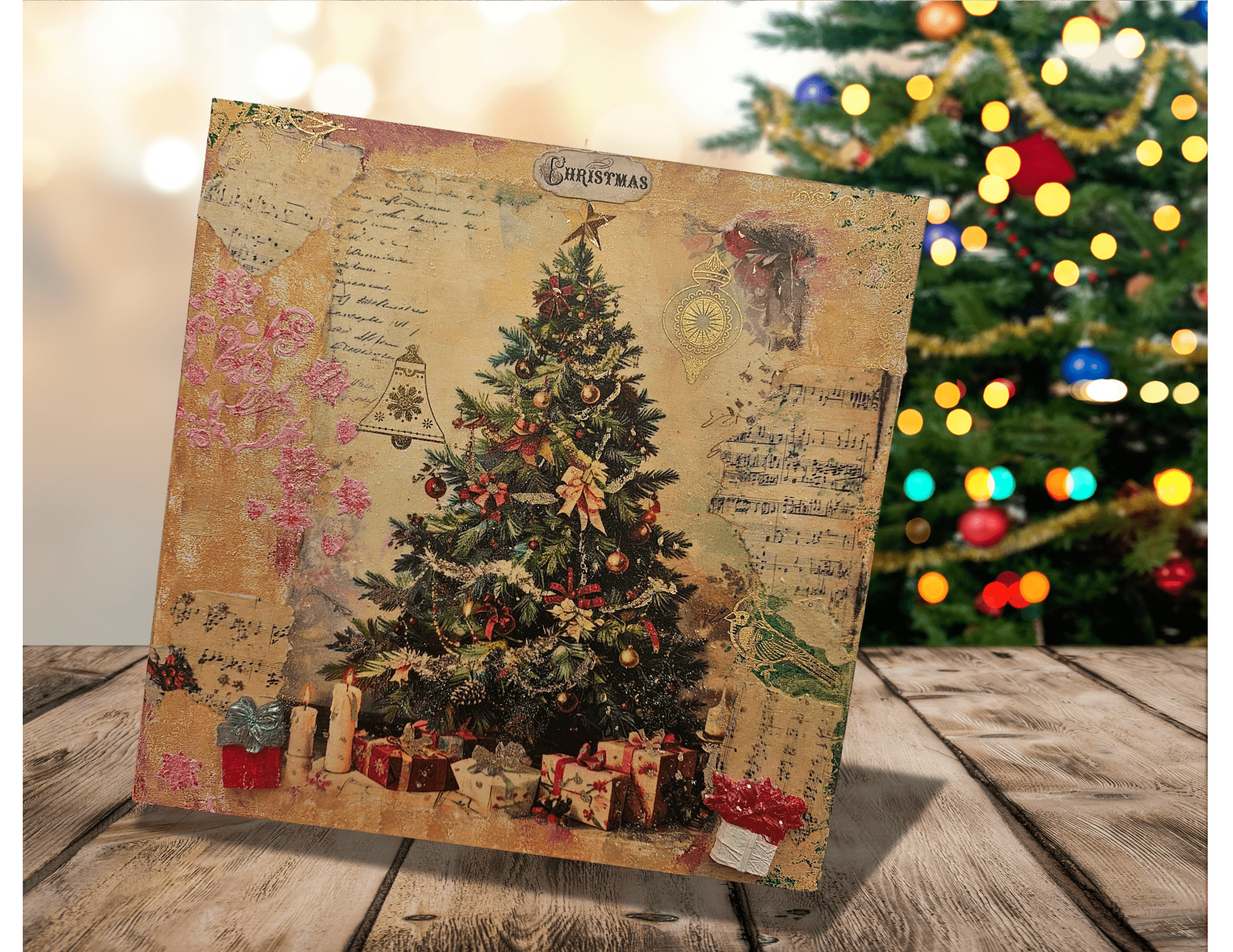 Vintage Christmas Tree Canvas, 12x12 Mixed Media Art