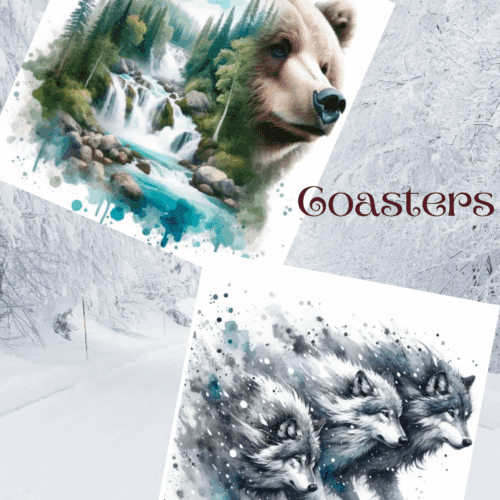 Wolf & Bear Nature Coasters – Wildlife in the Woods Drink Coasters, Rustic Cabin Table Décor