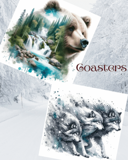 Wolf & Bear Nature Coasters – Wildlife in the Woods Drink Coasters, Rustic Cabin Table Décor
