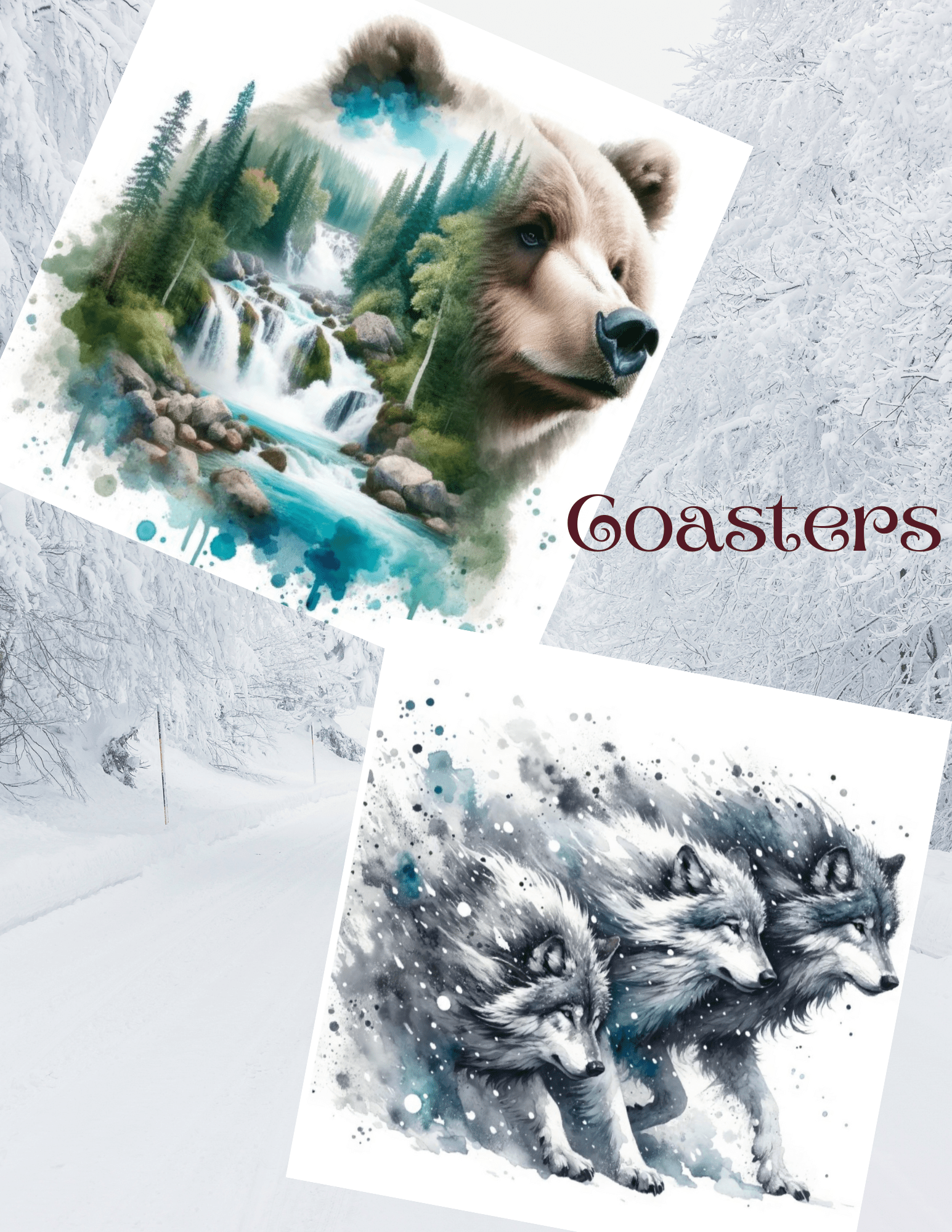 Wolf & Bear Nature Coasters – Wildlife in the Woods Drink Coasters, Rustic Cabin Table Décor