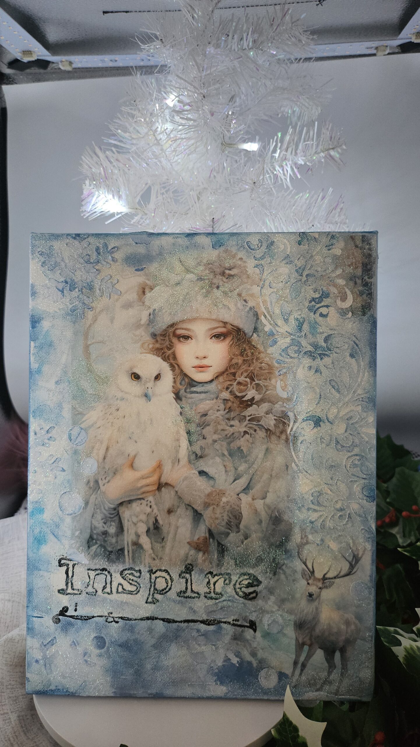 Inspire Winter Art Print – Fantasy Girl with Owl and Deer | Frosty Blue Wall Art - Image 3