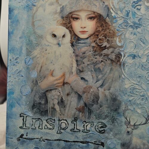 Inspire Winter Art Print – Fantasy Girl with Owl and Deer | Frosty Blue Wall Art