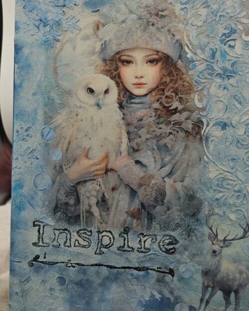 Inspire Winter Art Print – Fantasy Girl with Owl and Deer | Frosty Blue Wall Art