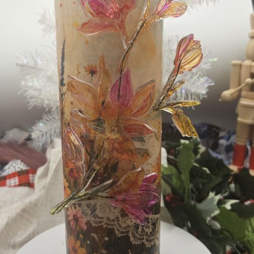 Magnolia Floral Vase – 11” Decoupaged Flower | Handcrafted Rice Paper Art | Rustic Boho