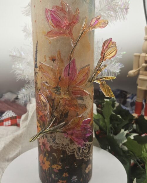 Magnolia Floral Vase – 11” Decoupaged Flower | Handcrafted Rice Paper Art | Rustic Boho