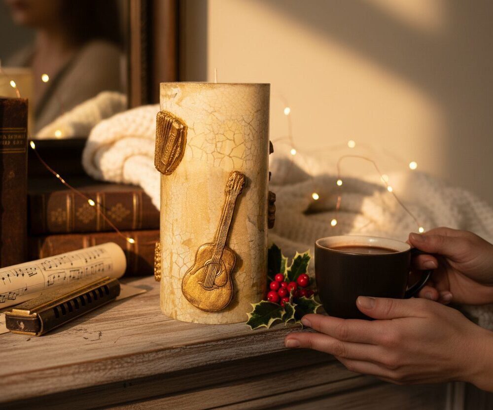 Musical Motif LED Candle Vase – 11”x15” Handcrafted Gold Figurine | Vintage Music Scene Lighted