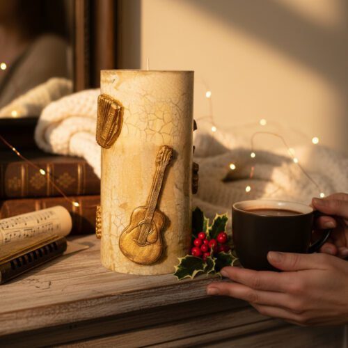 Musical Motif LED Candle Vase – 11”x15” Handcrafted Gold Figurine | Vintage Music Scene Lighted