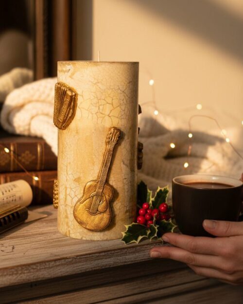 Musical Motif LED Candle Vase – 11”x15” Handcrafted Gold Figurine | Vintage Music Scene Lighted