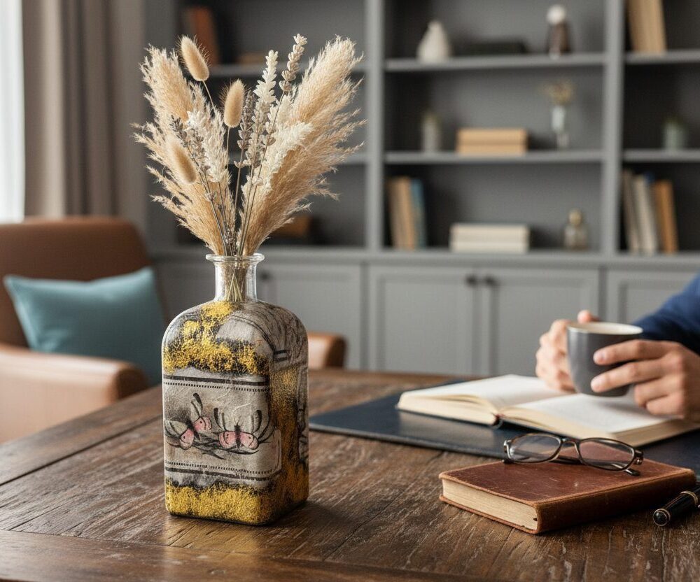 Gold Leaf Flower Vase – Handcrafted Decoupage Glass Art | Elegant Floral Design
