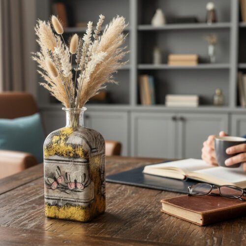 Gold Leaf Flower Vase – Handcrafted Decoupage Glass Art | Elegant Floral Design