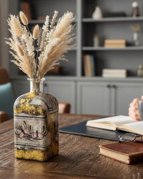 Gold Leaf Flower Vase – Handcrafted Decoupage Glass Art | Elegant Floral Design