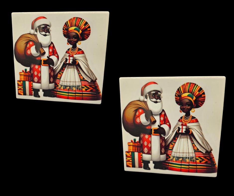 African American Mr. & Mrs. Santa Claus Coaster Set – Handcrafted Holiday Décor (Set of 2) - Image 2