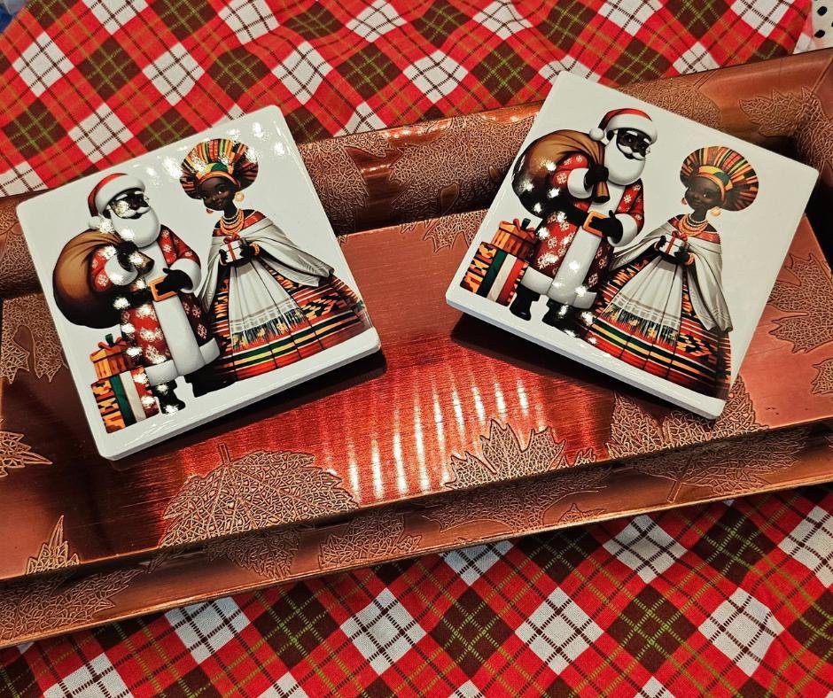 African American Mr. & Mrs. Santa Claus Coaster Set – Handcrafted Holiday Décor (Set of 2) - Image 3