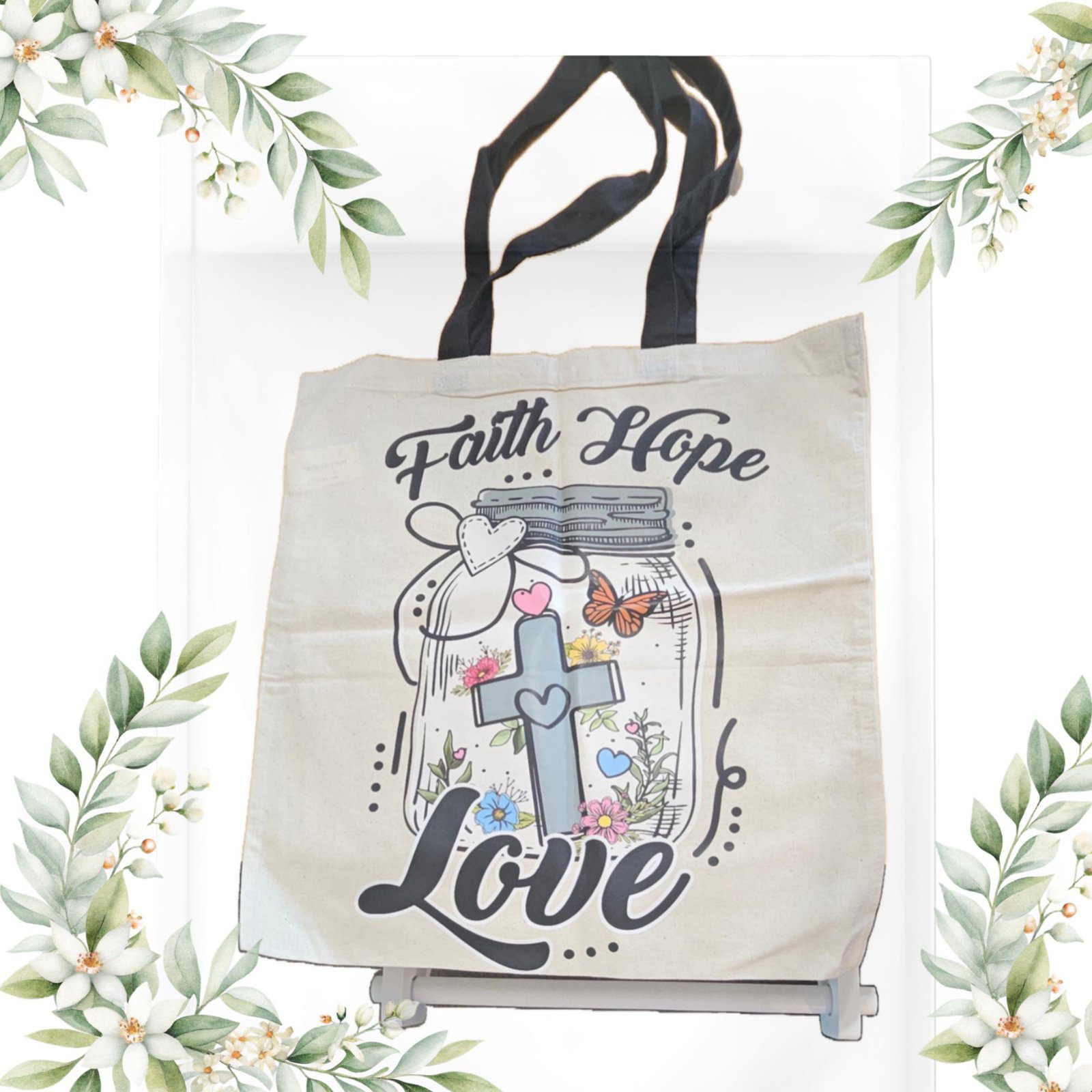 Faith Hope Love Tote Bag | Christian| Bible Verse-Inspired Canvas | Inspirational Gift | Floral Cross Design | - Image 2