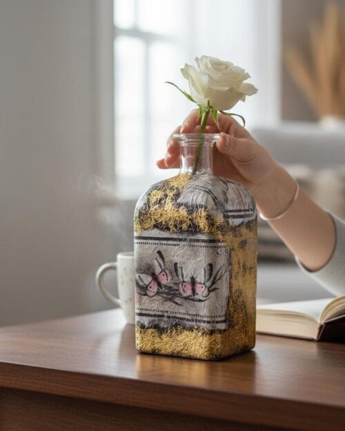 Gold Leaf Flower Vase – Handcrafted Decoupage Glass Art | Elegant Floral Design