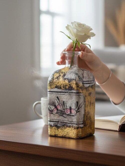 Gold Leaf Flower Vase – Handcrafted Decoupage Glass Art | Elegant Floral Design