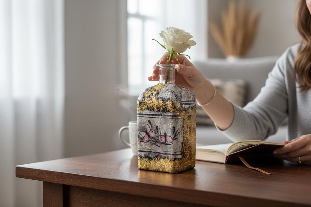 Gold Leaf Flower Vase – Handcrafted Decoupage Glass Art | Elegant Floral Design