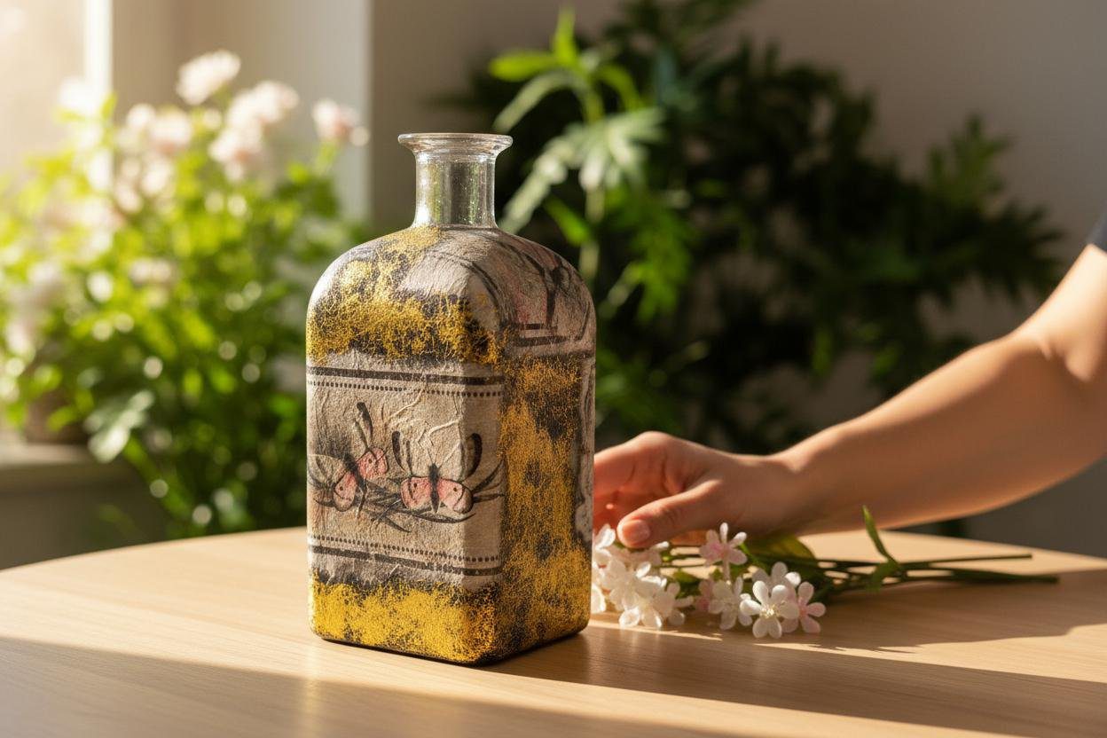 Gold Leaf Flower Vase – Handcrafted Decoupage Glass Art | Elegant Floral Design - Image 2