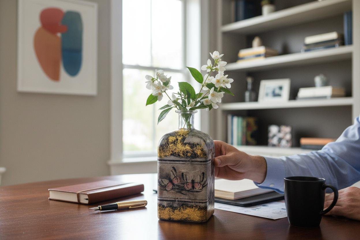 Gold Leaf Flower Vase – Handcrafted Decoupage Glass Art | Elegant Floral Design - Image 3