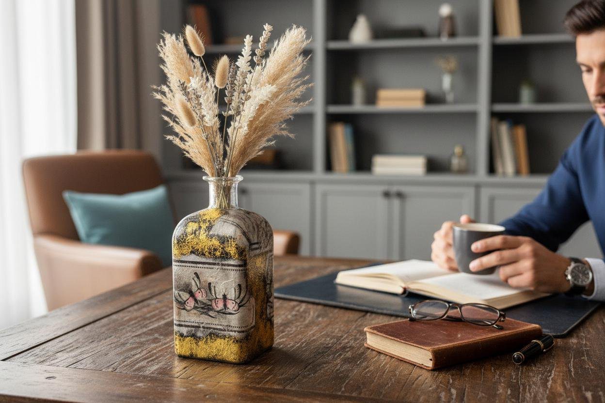 Gold Leaf Flower Vase – Handcrafted Decoupage Glass Art | Elegant Floral Design - Image 6