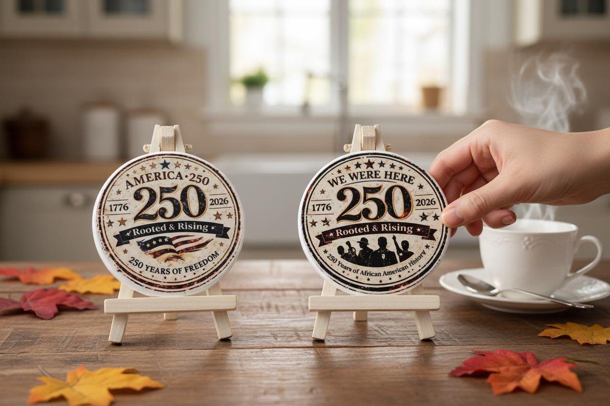 America 250 Commemorative Rooted & Rising Coaster Set | We Were Here | African American History Keepsake
