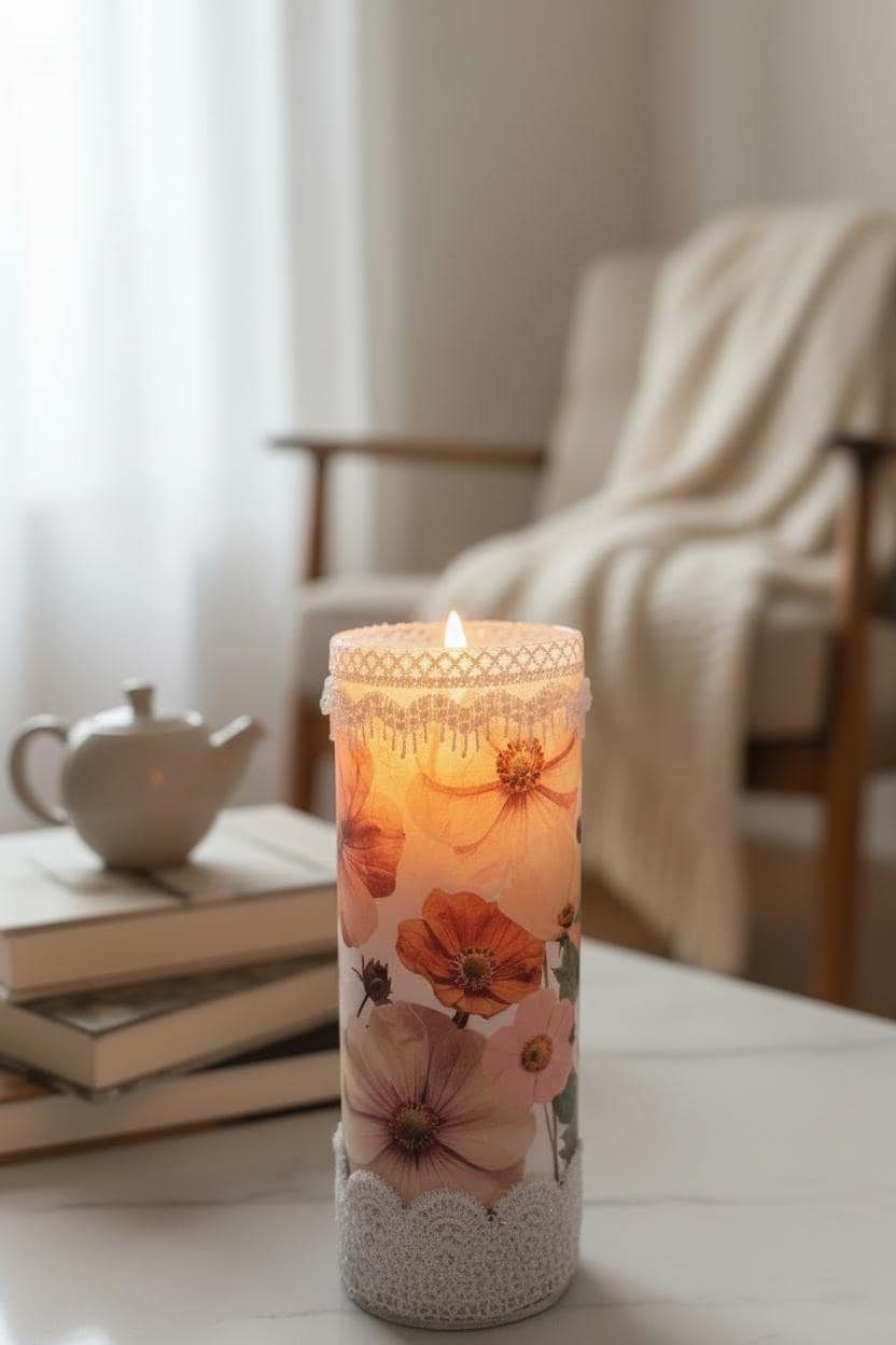 Handmade Floral Lace LED Candle | Shabby Chic Decor, Flameless - Image 3