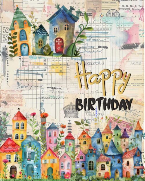 Whimsical Happy Birthday Card | Colorful Storybook Houses | Artistic Greeting Card | Unique Handmade Style