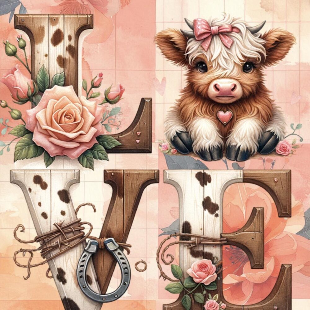 Highland Cow Love Card – Rustic Farmhouse Western Floral Greeting