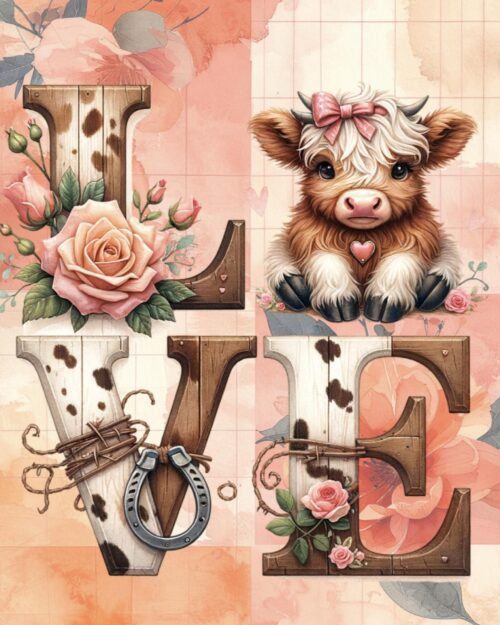 Highland Cow Love Card – Rustic Farmhouse Western Floral Greeting