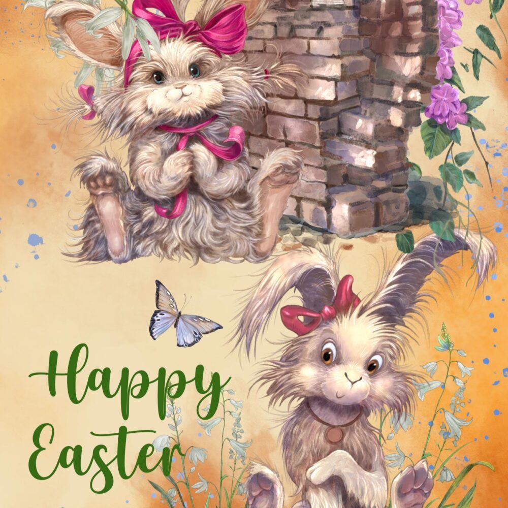 Fluffy Bunny Easter Card | Springtime Bunnies, Flowers, Butterfly Greeting (Blank Inside)