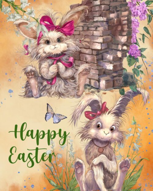 Fluffy Bunny Easter Card | Springtime Bunnies, Flowers, Butterfly Greeting (Blank Inside)