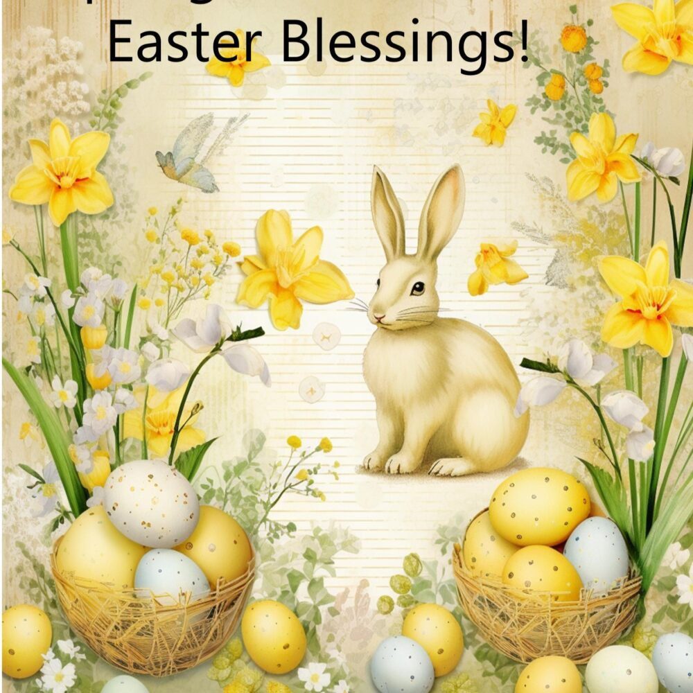 Fluffy Bunny Easter Card | Springtime Bunnies, Flowers, Butterfly Greeting | Easter eggs