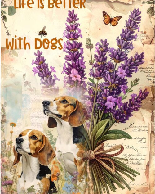 Beagle Dogs Lavender Floral Vintage Greeting Card, Dog Lover Birthday Card