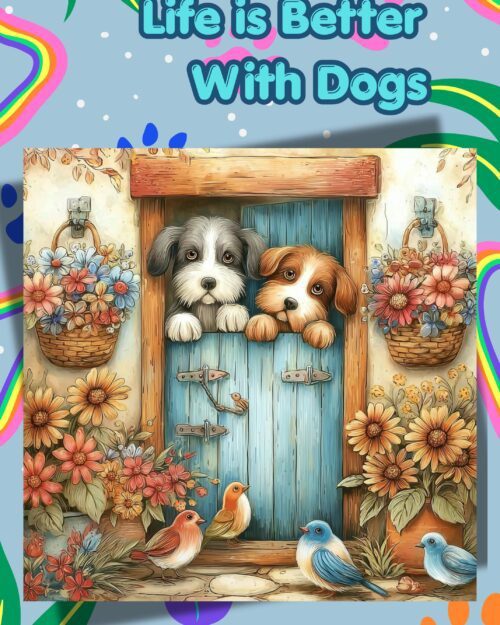 May include: Illustration of two puppies peeking over a blue door, with the text "Life is Better With Dogs" at the top. The scene includes flowers, birds, and a rainbow design, creating a cheerful and inviting aesthetic.