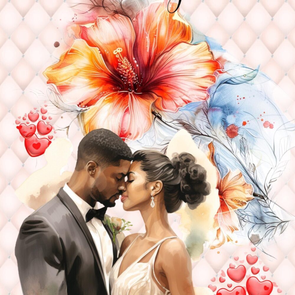 May include: Watercolor illustration of a couple embracing, with the text "You are my heart" at the top. The image features a vibrant orange and red flower, blue accents, and floating red hearts.
