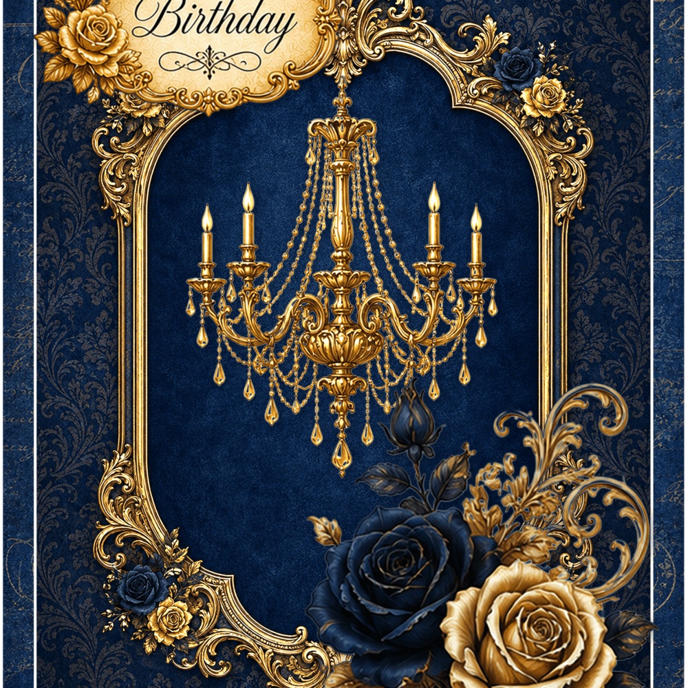 Elegant Navy Blue Gold Floral Birthday Card | Luxury Chandelier Greeting (5x7 inches)