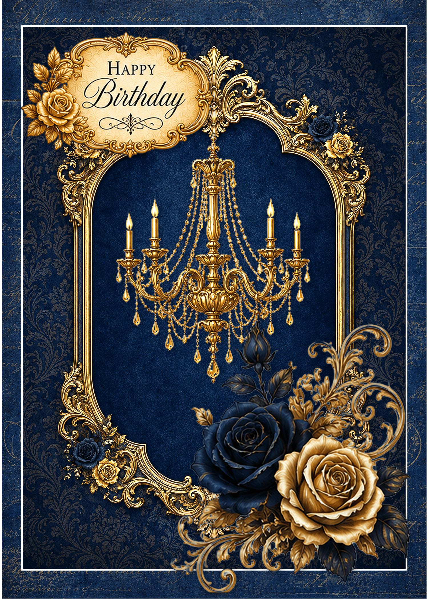 Elegant Navy Blue Gold Floral Birthday Card | Luxury Chandelier Greeting (5x7 inches)
