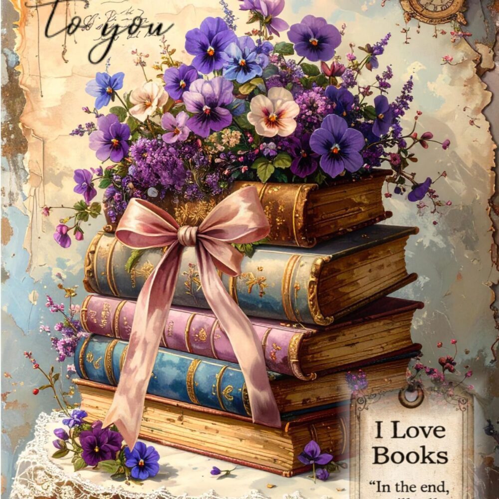 Literary Birthday Card, Floral Antique Books Stack, Whimsical Watercolor Greeting (5x7 Card)
