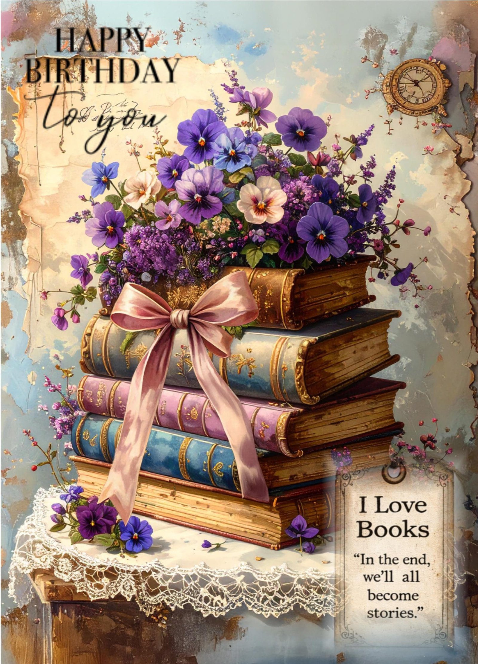 Literary Birthday Card, Floral Antique Books Stack, Whimsical Watercolor Greeting (5x7 Card)