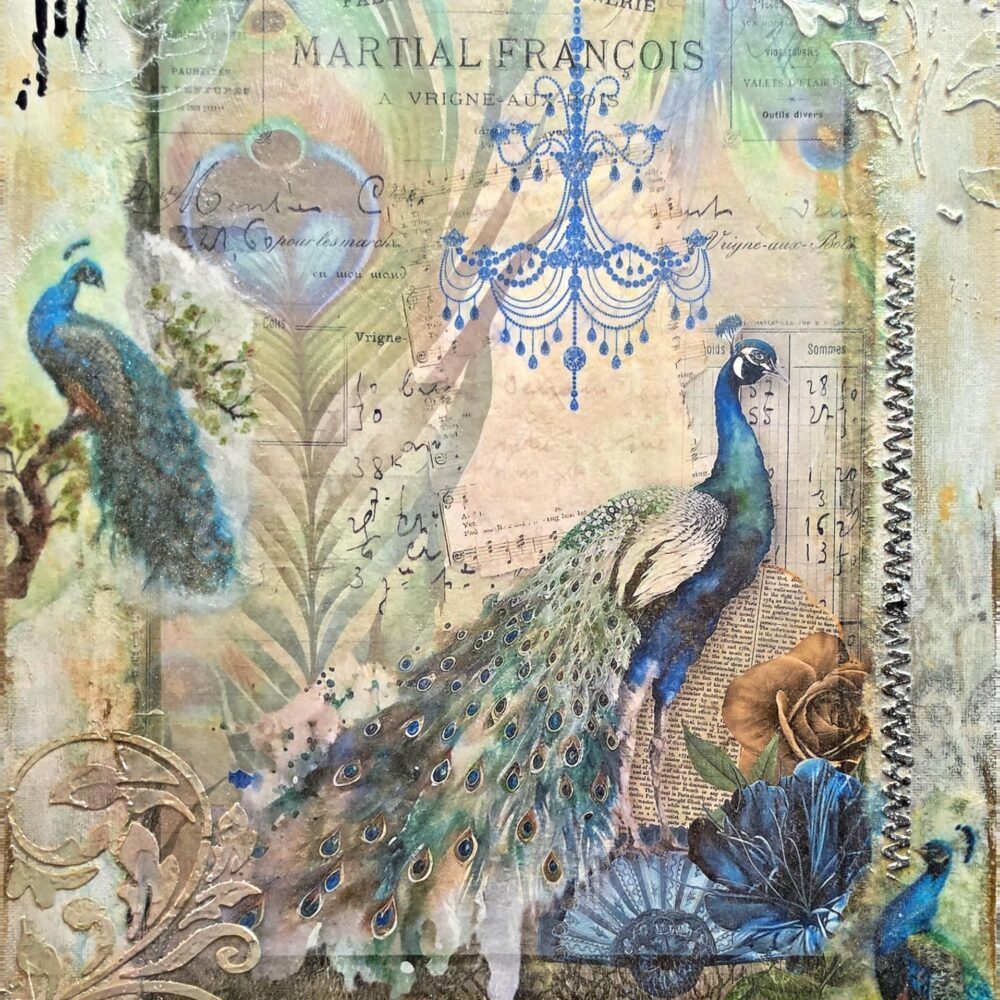 Peacock Mixed Media Artwork | Vintage French Inspired Canvas | 11x14 Elegant Blue Decor