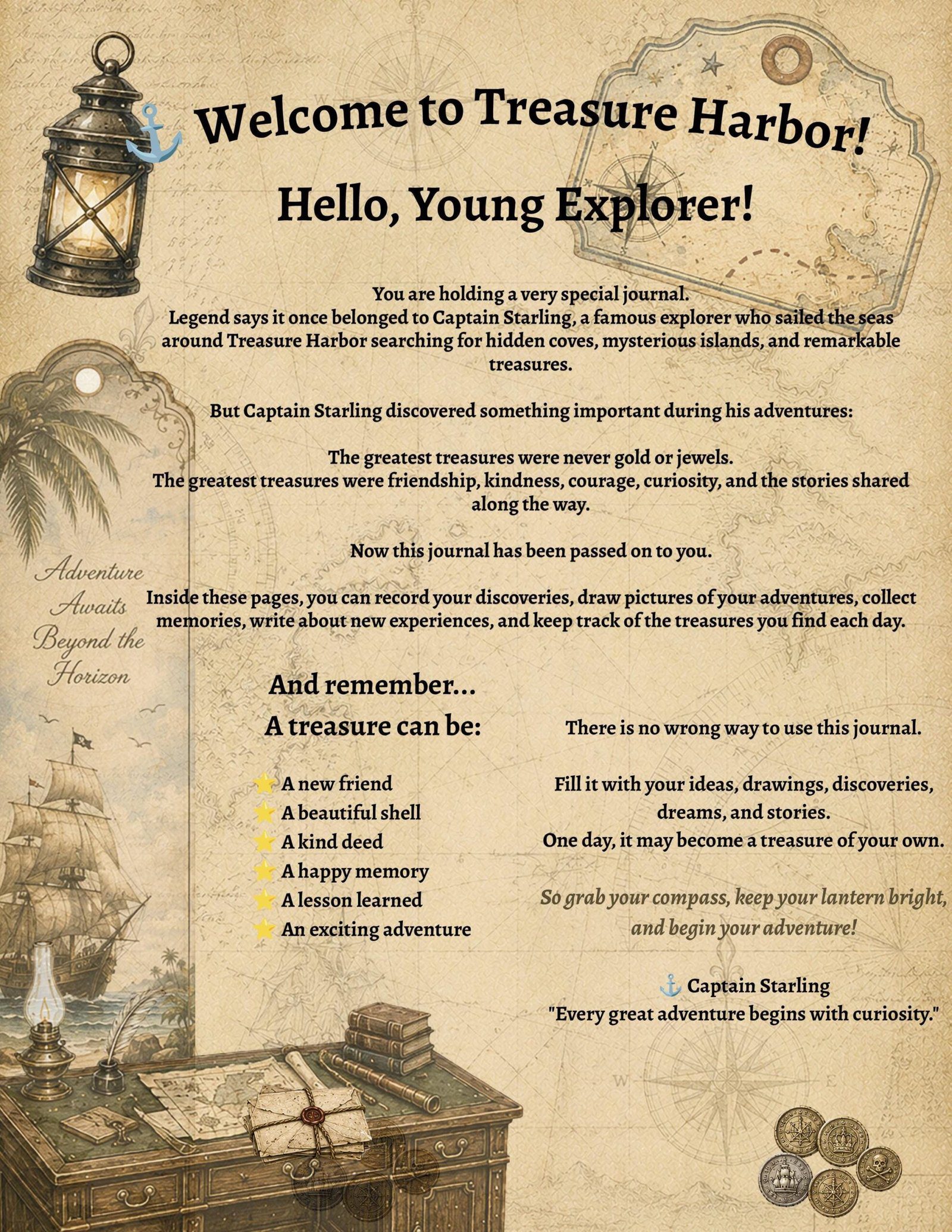 Captain Starling's Explorer Journal | Printable Kids Adventure Journal PDF | Writing & Drawing Journal | Treasure Harbor Tales | Ages 3-8