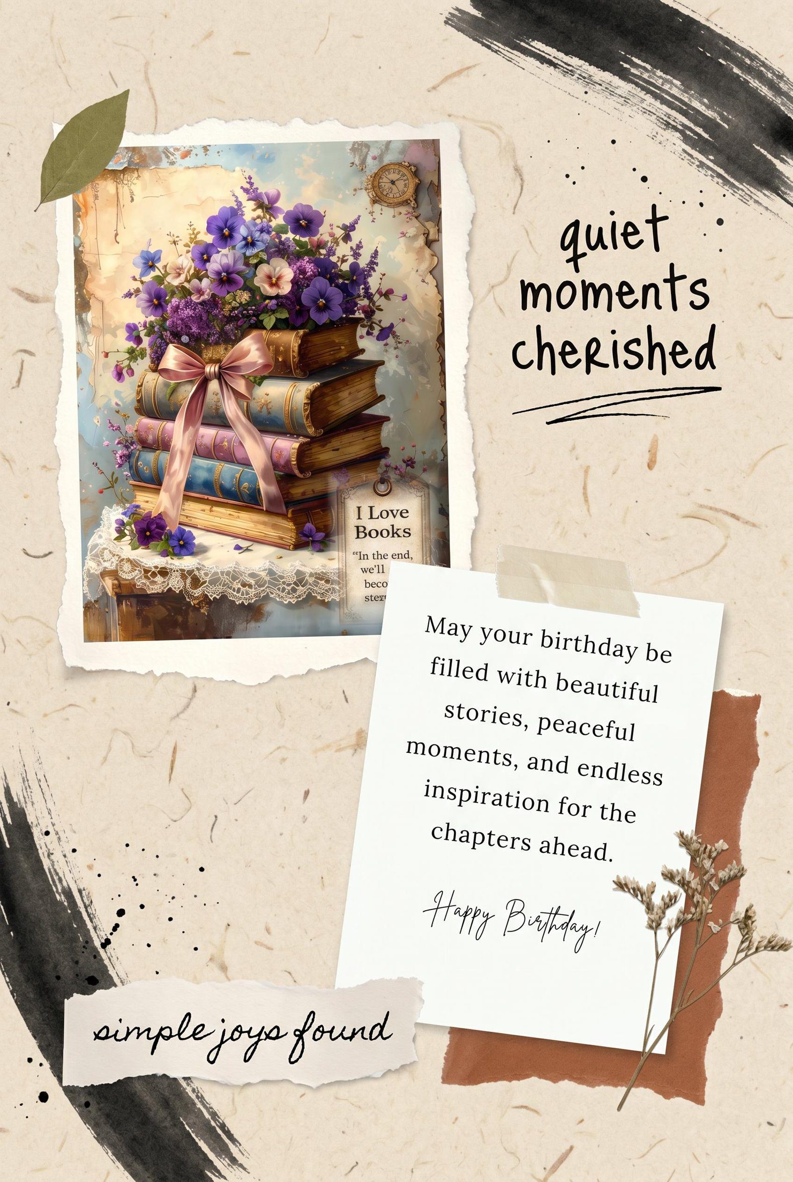 Literary Birthday Card, Floral Antique Books Stack, Whimsical Watercolor Greeting (5x7 Card) - Image 2